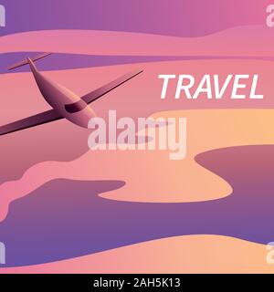 Travel on the plane of banners in a flat style against the background of sunrise or sunset. Passenger aircraft during flight and take-off. Header for Stock Vector