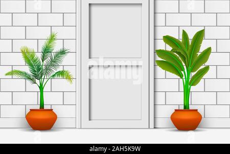 banana tree and coconut tree at the white door in the room Stock Vector