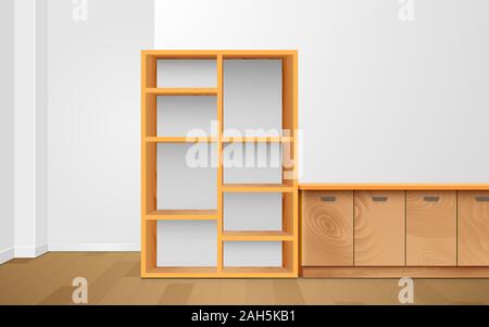 wooden cabinet and wooden showcase in the white room Stock Vector