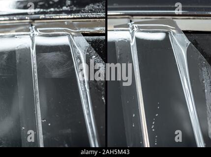 Photo of scratches on the window frame and photo after self-healing of anti-gravel car body film Stock Photo