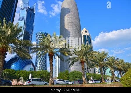 Doha, Qatar - Nov 24. 2019. Burj Tower and other skyscrapers in West Bay Doha from Al Corniche street Stock Photo