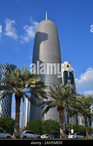 Doha, Qatar - Nov 24. 2019. Burj Tower and other skyscrapers in West Bay Doha from Al Corniche street Stock Photo