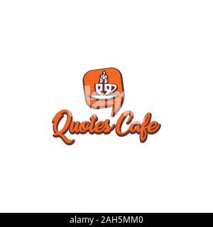 Quotes Cafe Logo Design Template, Call Out Logo Concept, Quotation Mark Element, Gray, Orange, Coffee Cup Icon Stock Vector