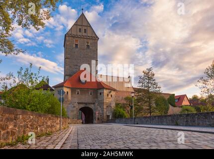 Rothenburger Tor (Gate) entrance to the Old Town of Dinkelsbuhl, a striking historic town on the northern part of popular Romantic Road touristic rout Stock Photo