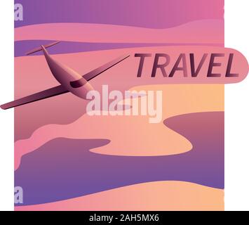 Aircraft vector, take-off plane against the background of the sunset sky, with space for text. Jet commercial airplane in full face. Air travel Stock Vector