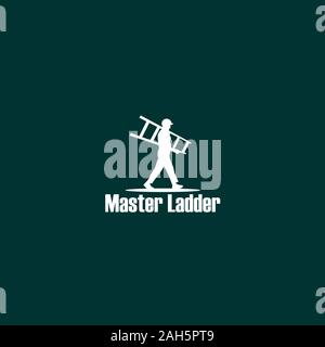 Master Ladder Company Logo Design Template, Pictorial Mark Logo Concept, Character Logo, People Carrying Stairs, White, Dark Green, Home Service Stock Vector