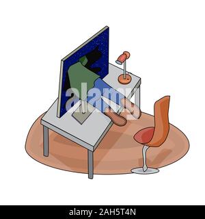 Man head inside of a display. Concept of computer, internet, game, new technologies or social networking addiction. Internet addiction disorder.Vector Stock Vector