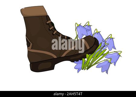 Cartoon shoes ruthlessly tramples the flower isolated on white background. Stepping on endangered plant. Environment protection concept. Stock vector Stock Vector