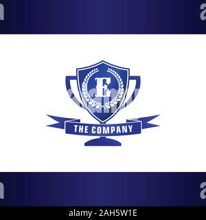 Letter E Alphabetic Company Logo Design Template, Blue Trophy with Shield Shape and Banner Element Logo Concept, tournament, league, Initial Logo Stock Vector