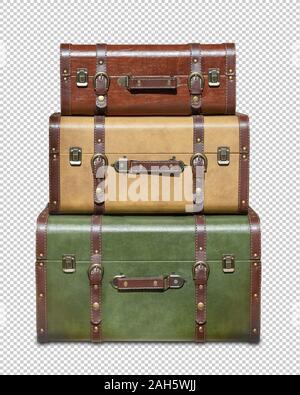 three stacked vintage suitcases isolated from white background Stock Photo