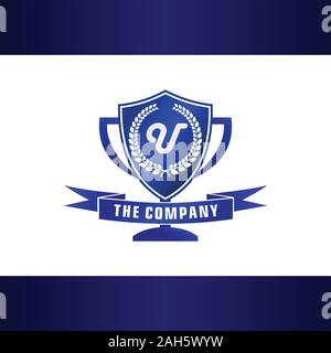 Letter U Alphabetic Company Logo Design Template, Blue Trophy with Shield Shape and Banner Element Logo Concept, tournament, league, Initial Logo Stock Vector