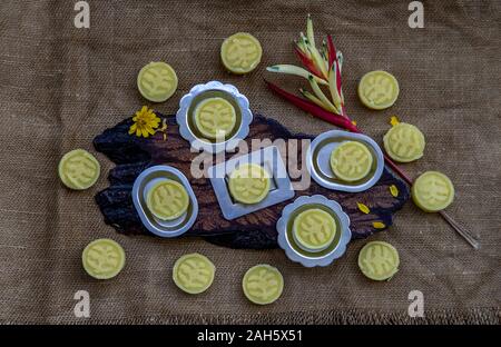 A dish of Delicious Thai Traditional Dessert called Thua Kwan (Mung Bean Cookies), Top view. Stock Photo