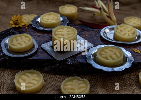A dish of Delicious Thai Traditional Dessert called Thua Kwan (Mung Bean Cookies), Oblique view from the top. Stock Photo