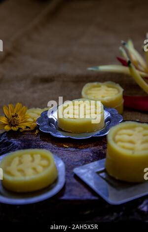 A dish of Delicious Thai Traditional Dessert called Thua Kwan (Mung Bean Cookies), Oblique view from the top, copy space. Stock Photo