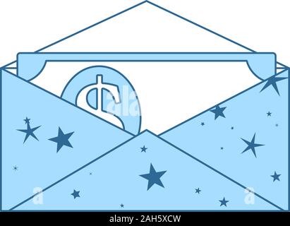 Birthday Gift Envelop Icon With Money. Thin Line With Blue Fill Design. Vector Illustration. Stock Vector
