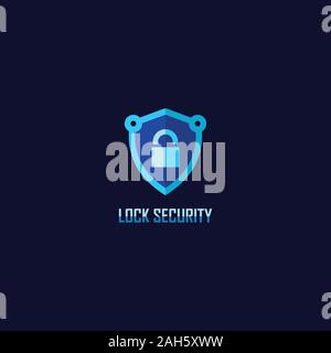 Digital Security Logo Design Template, Padlock Logo Concept, Data Protection, Shield Shape, Tasca, Navy Blue, Vector Project EPS 10 Stock Vector