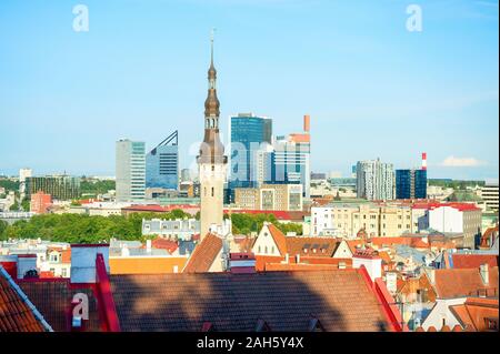 Aerial cityscape of Tallinn downtown in sunny daytime, modern and traditional architecture, Estonia Stock Photo