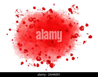 Big crimson red watercolor splash with lots of stains scattered around. Digital generated background illustration isolated on white. Stock Photo