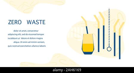 Vector illustration Reusable cocktail straws, brush for cleaning straws, glass Waste management concept. Choosing eco friendly lifestyle, using reusab Stock Vector