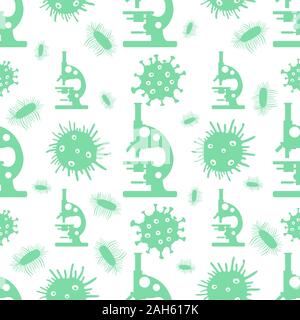 Vector seamless pattern microscope, microbe, virus, bacteria, disease germs microorganism on white background. Lab. Biology, medicine, pharmacy, exper Stock Vector