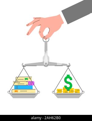 Education loan concept. Flat linear conceptual vector illustration of savings for college or university. Male hand holding balance scales with stack o Stock Vector