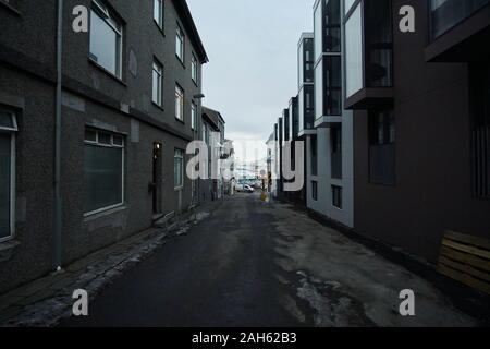 Western Reykjavík wide-angle street scenes in the dusk of winter Stock Photo