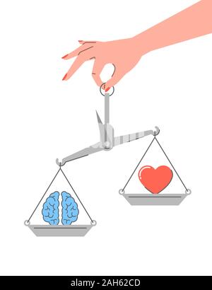 Logic vs emotions. Flat linear vector concept. Conflict between rational thinking and feelings. Female hand holds balance scales with brain symbol and Stock Vector