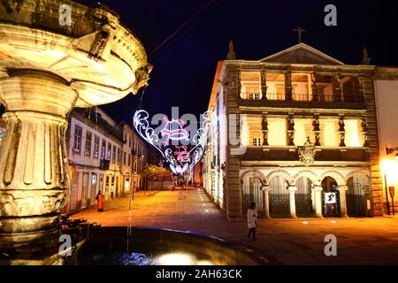 Christmas decorations, Chafariz fountain and Misericordia building,  Praca da Republica, Viana do Castelo, northern Portugal Stock Photo