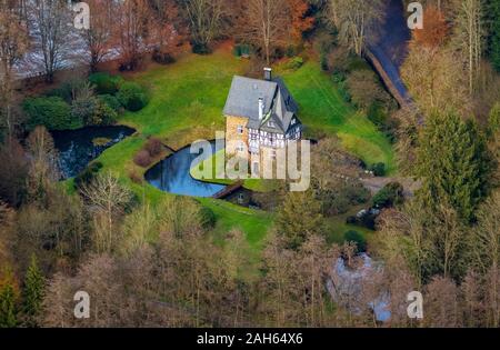 Aerial view, Badinghagen moated castle privately owned, Agger, Meinerzhagen, Sauerland, Märkischer Kreis, North Rhine-Westphalia, Germany, DE, Europe, Stock Photo