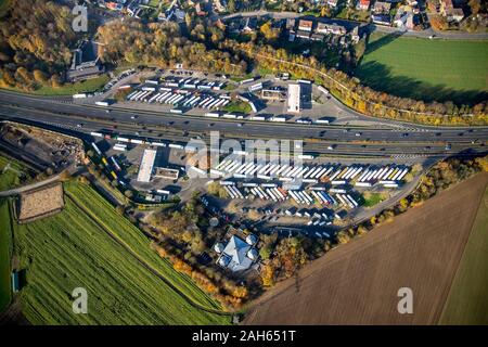 Aerial photograph, Schwerte Lichtendorf rest stop, Dortmund / Schwerte city limits, truck parking, motorway A1, Ruhr area, North Rhine-Westphalia, Ger Stock Photo