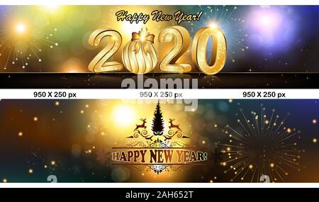 Horizontal banners set designed for Christmas and New Year 2020. Shiny background with flares and fireworks. Stock Photo