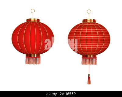 Set of hanging red Chinese lanterns isolated on white background. Stock Vector