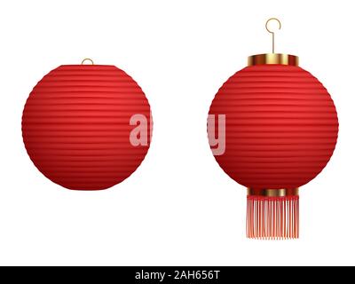 Set of hanging red Chinese lanterns isolated on white background. Traditional chinese lanterns Stock Vector