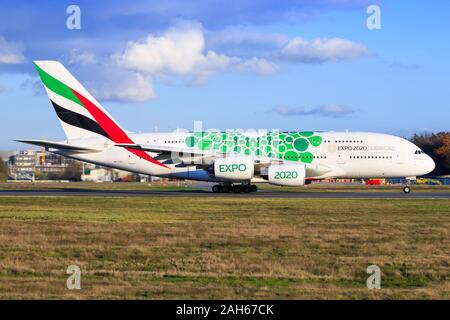 Frankfurt, Germany – November 29, 2019: Emirates A380 at Frankfurt airport. Stock Photo