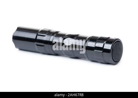 Old black flashlight isolated on white background Stock Photo