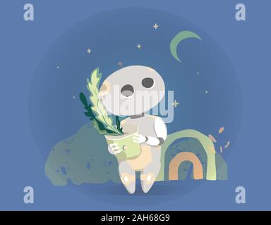 Modern Robot Isolated On Blue Background Cute Cartoon Character Artificial Intelligence Concept Flat Vector Illustration Stock Vector