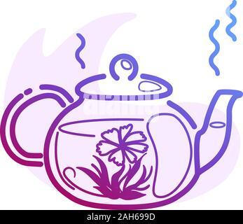 Line Hot blooming tea in a glass teapot isolated color line icon with flat spot for round highlights stories. Front view of japanese flowering drink ceremony. Relaxation concept. Nature healthy symbol Stock Vector