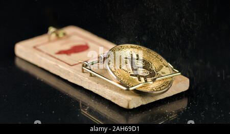 Bitcoin coin falling on a mouse trap. Naive investment concept and losing money Stock Photo