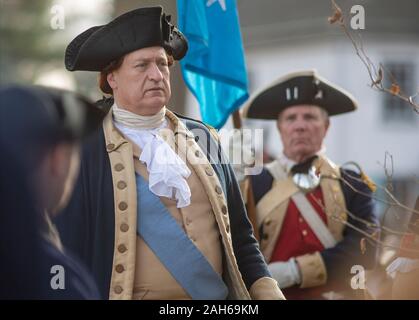 Washington Crossing, Pennsylvania, USA. 25th Dec, 2019. George Washington, portrayed by John Godzieba gives orders to his men as the ready to go to their boats during the official Christmas Day Crossing of the Delaware reenactment by George Washington and his troops  Wednesday, December 25, 2019 at Washington Crossing State Park in Washington Crossing, Pennsylvania. (WILLIAM THOMAS CAIN / PHOTOJOURNALIST) Credit: William Thomas Cain/Alamy Live News Stock Photo