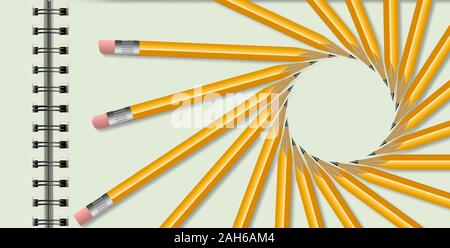 Pencils in many colors makes shapes of circles and hearts. Stock Photo