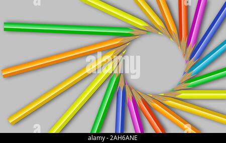 Pencils in many colors makes shapes of circles and hearts. Stock Photo