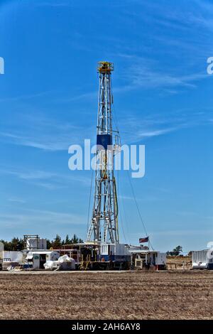 Flex drill rig operating in harvested wheat field,  Kansas. Stock Photo