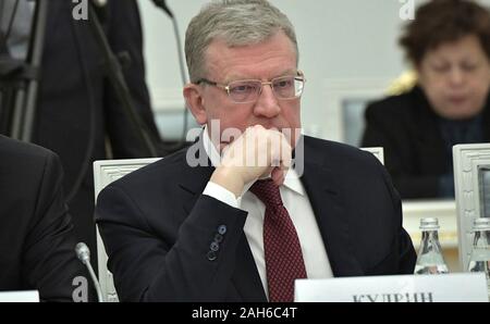 Moscow, Russia. 25 December, 2019. Russian Chairman of the Accounts Chamber Alexei Kudrin during the year end meeting of the Council for Strategic Development and National Projects hosted by President Vladimir Putin at the Kremlin December 25, 2019 in Moscow, Russia.  Credit: Aleksey Nikolskyi/Kremlin Pool/Alamy Live News Stock Photo