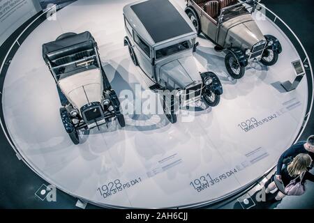 Germany - May, 24 2019: 1928 Dixi, 1929 BMW 3/15 PS DA 2, 1931 BMW 3/15 PS DA 4 at BMW Museum Welt Stock Photo