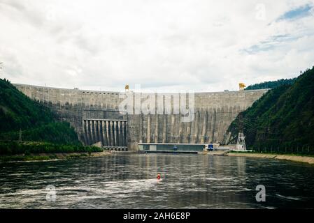 Hydroelectric power station on the Yenisei River in Siberia. Sayano-Shushenskaya Dam Stock Photo