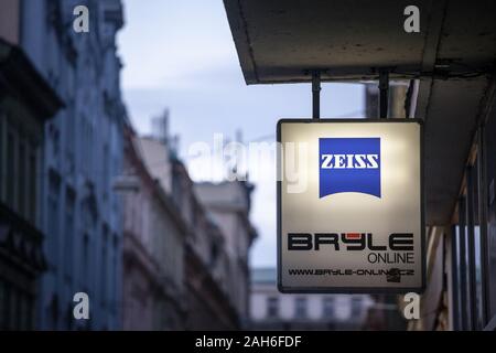 PRAGUE, CZECHIA - NOVEMBER 2, 2019: Zeiss logo in front of their local retailer in Prague. Carl Zeiss is a german firm specialized in optical instrume Stock Photo