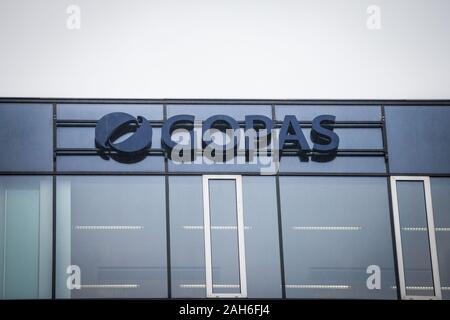 BRNO, CZECHIA - NOVEMBER 5, 2019: Gopas logo in front of their main office for Brno. Gopas is a Czech company specialized in IT education. it is a tra Stock Photo