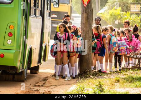 People of Havana Series - A busload of Junior High school students getting ready to board a bus. Stock Photo