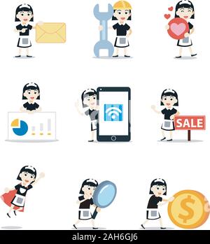 Set of woman character as a house maid profession. Stock Vector