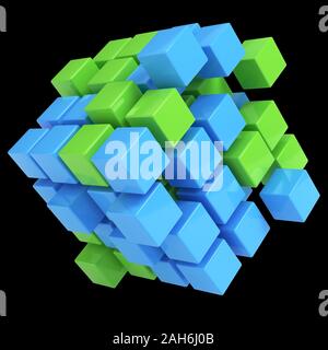 3D green and blue cubes render on black background - business concept Stock Photo
